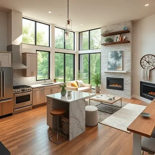 Stunning modern open-concept home remodel in Farmers Branch TX features stylish kitchen and cozy living room design.