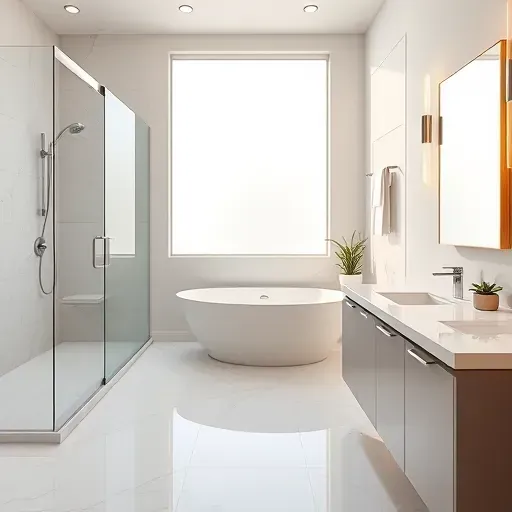 Remodeled Texas bathroom with marble floors, glass shower, freestanding tub, double sinks, modern fixtures, and natural lighting.