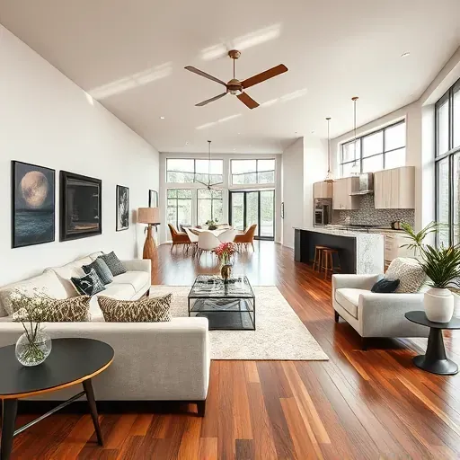 Beautiful remodeled Keller, TX living room with hardwood floors, large windows, modern furniture, and an open kitchen.