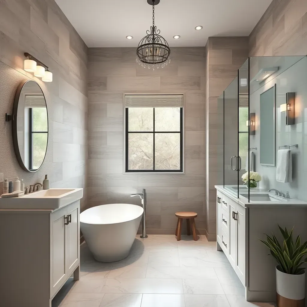 Modern bathroom in Grand Prairie, TX featuring a walk-in shower, quartz vanity, neutral tones, and natural light.