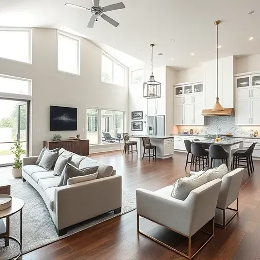 Spacious modern living area in Southlake TX with sleek furnishings, large windows, and inviting kitchen details.
