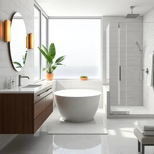 Remodeled Arlington, TX bathroom with a freestanding tub, modern vanity, walk-in shower, bright natural light, and elegant tile decor.