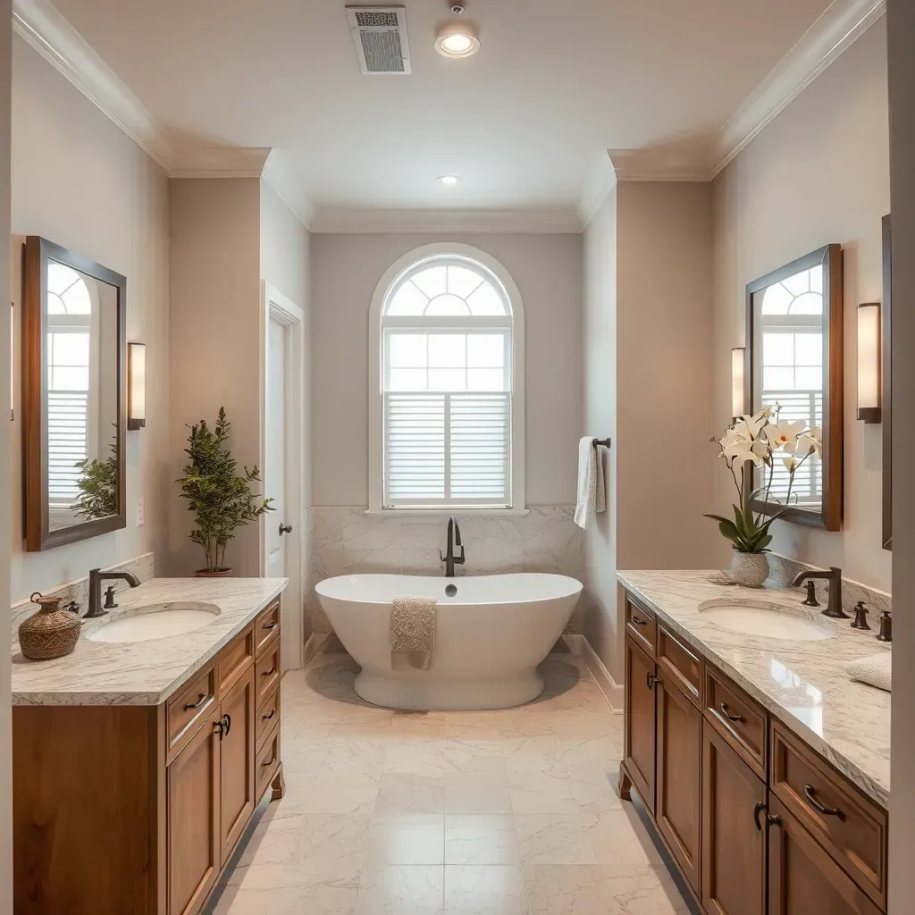 Modern Euless, TX bathroom with sleek tiles, glass shower, double vanity, large mirrors, and natural light.