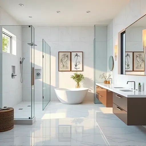 Remodeled Lewisville, TX bathroom with modern fixtures, large shower, freestanding tub, marble flooring, and Texas decor.