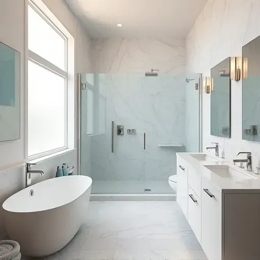Renovated Keller, TX bathroom with modern fixtures, walk-in shower, marble counters, stylish tiles, and coastal accents.
