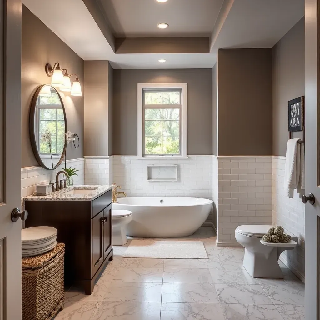 Remodeled Addison, TX bathroom with large tiles, walk-in shower, marble vanity, freestanding tub, and natural light.