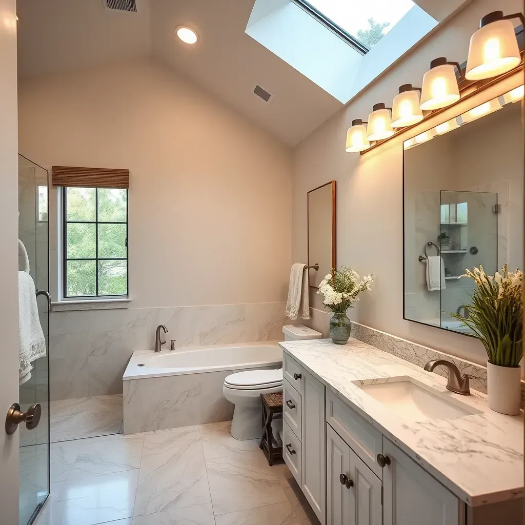 Bathroom remodel in Prosper, TX featuring modern fixtures, marble countertops, glass shower, and natural lighting.