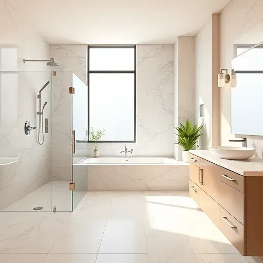 Renovated Duncanville TX bathroom with modern fixtures, marble tiles, walk-in shower, soaking tub, and elegant design