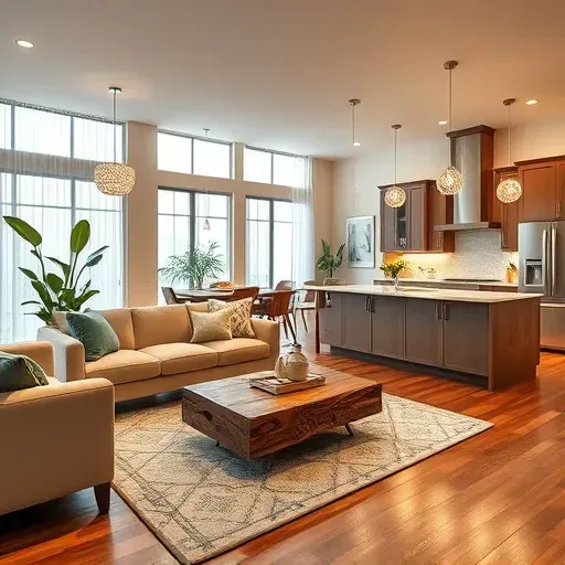 Modern living room and kitchen in Allen TX with neutral decor, plush furniture, natural light, and lush garden view.