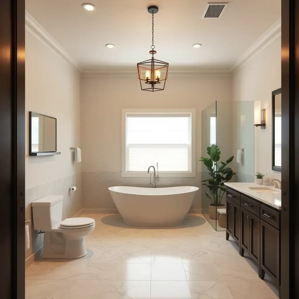 Modern bathroom in Allen, TX featuring a walk-in shower, quartz vanity, large mirror, and natural light.