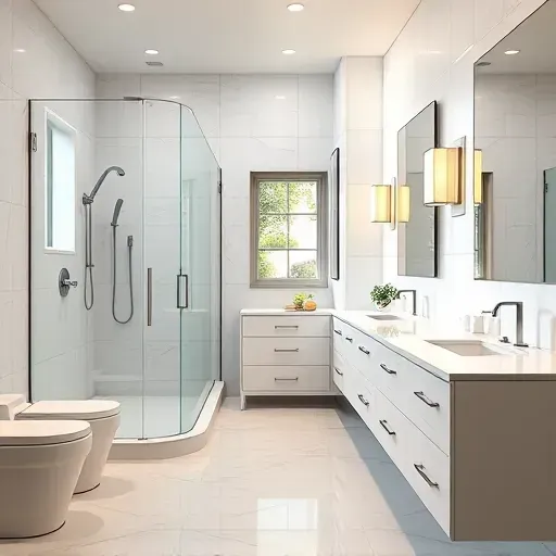 Remodeled Richardson TX bathroom with modern fixtures, walk-in shower, marble countertops, sleek cabinetry, and natural light