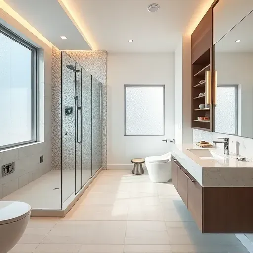 Remodeled Carrollton TX bathroom with walk-in shower, marble vanity, polished porcelain tiles, ambient LED lighting