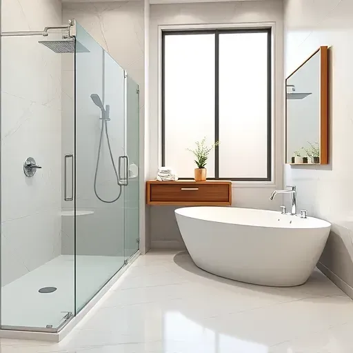 Renovated Denton TX bathroom with walk-in shower, marble tiles, freestanding tub, quartz vanity, and modern decor.