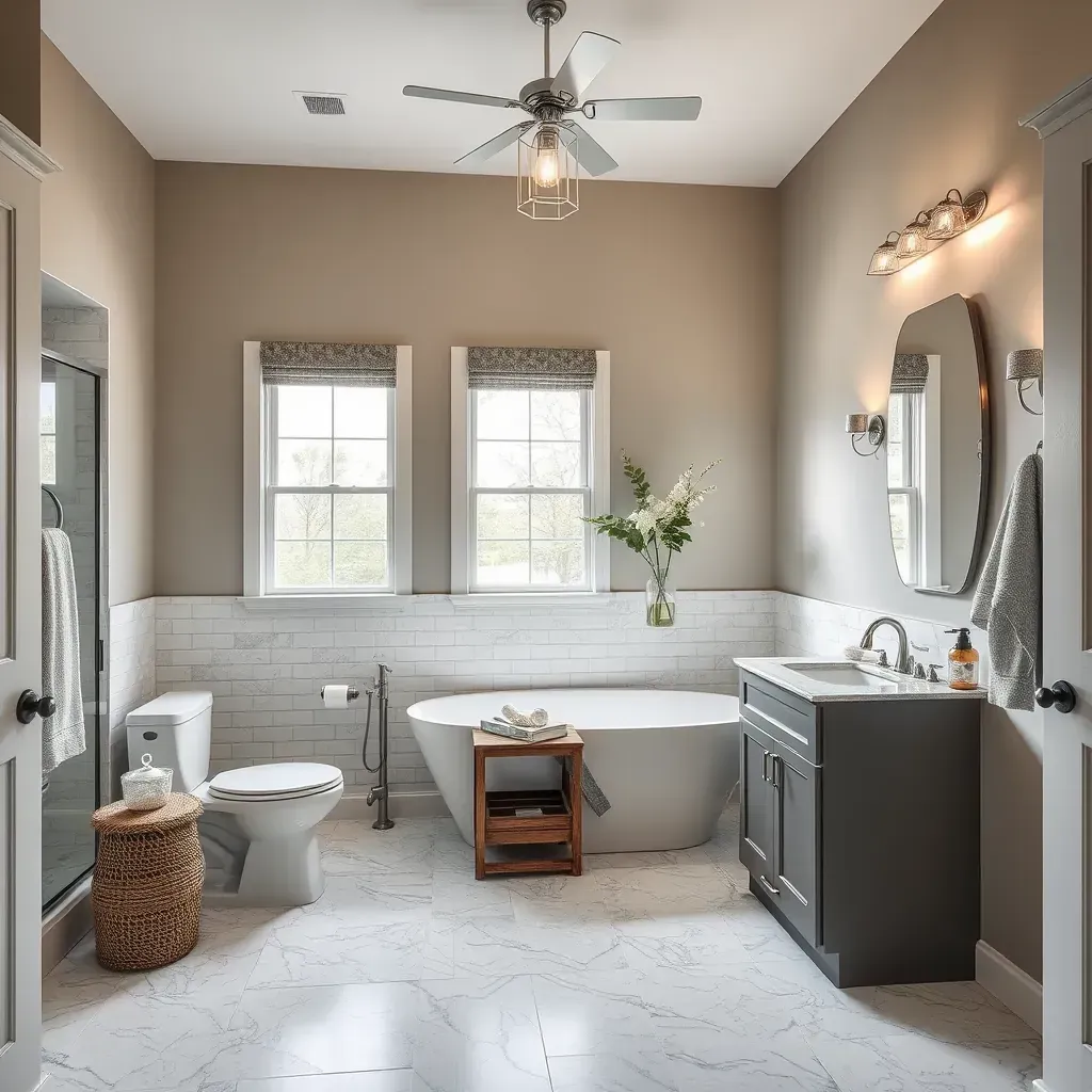 Modern Argyle, TX bathroom with marble counters, glass shower, subway tiles, black fixtures, and wood-look flooring.