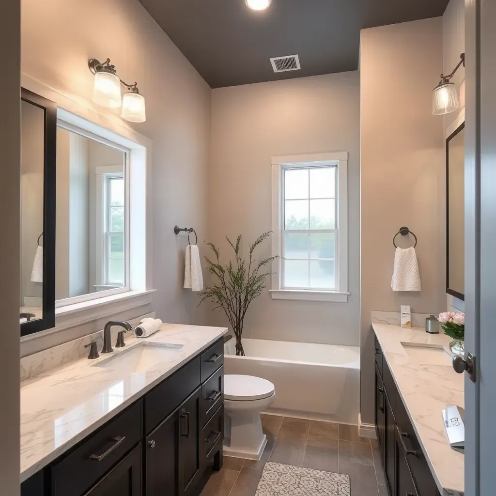 Renovated McKinney, TX bathroom with glass shower, soaking tub, dark wood vanity, marble countertop, and modern fixtures.