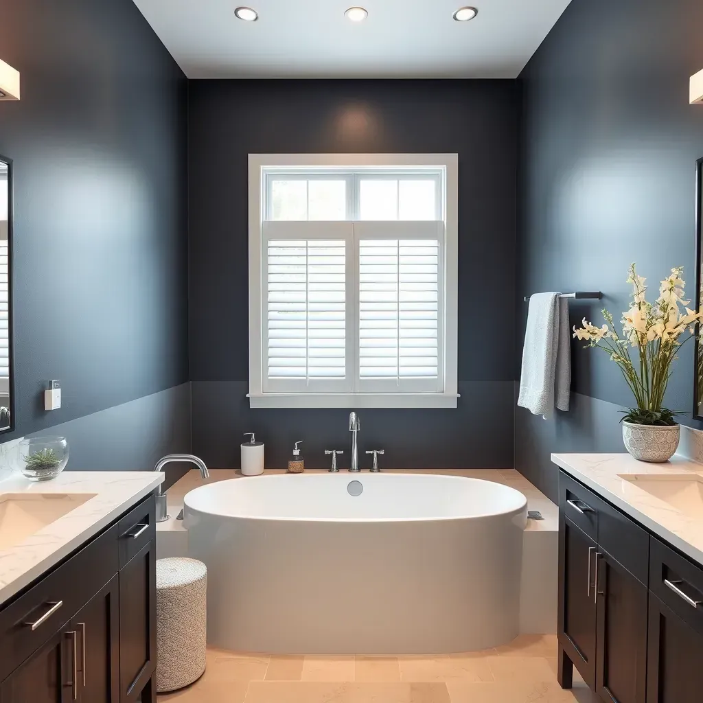 Modern bathroom renovation in Irving, TX featuring a glass shower, freestanding tub, quartz vanity, and natural lighting.