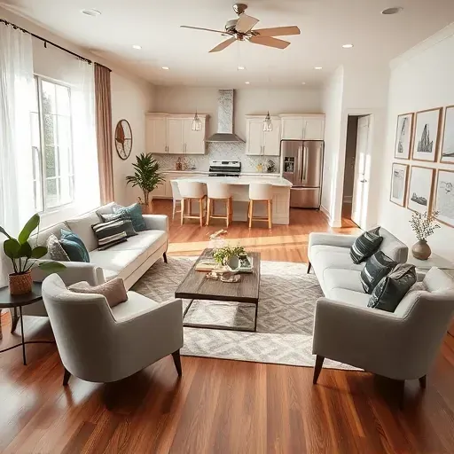 Beautifully remodeled living room in Colleyville, TX with hardwood floors, modern furniture, and natural light.