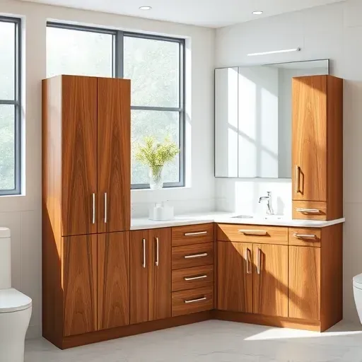 Bright modern bathroom with custom wood grain cabinet, polished chrome hardware, marble countertops, and minimalist design