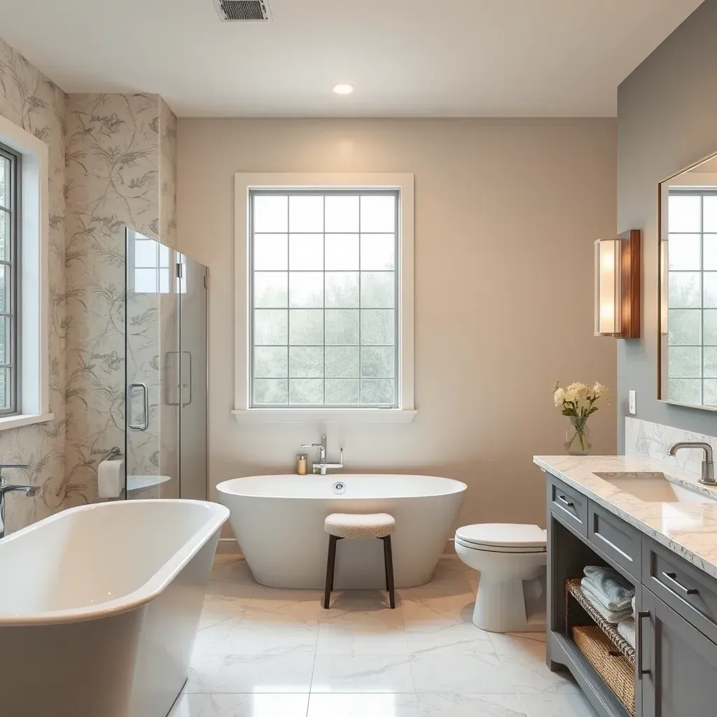 Modern Addison, TX bathroom with walk-in glass shower, freestanding tub, dual vanities, sleek finishes, and natural light.