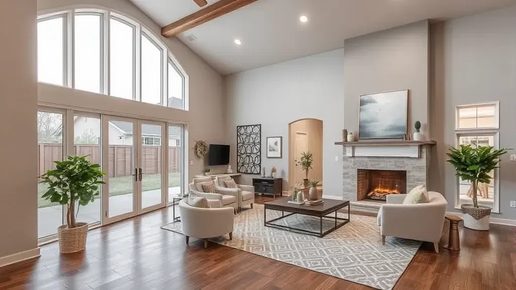 Remodeled Allen, TX home interior with modern kitchen, sleek countertops, stainless appliances, stylish furniture, and landscaped backyard.