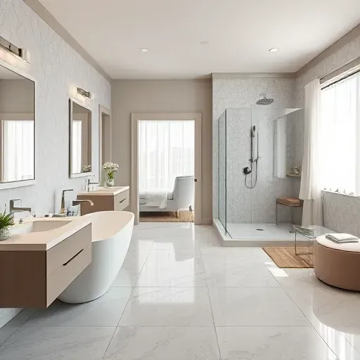Grapevine, TX bathroom remodel featuring a modern design, freestanding bathtub, dual vanity, walk-in shower, and natural light.