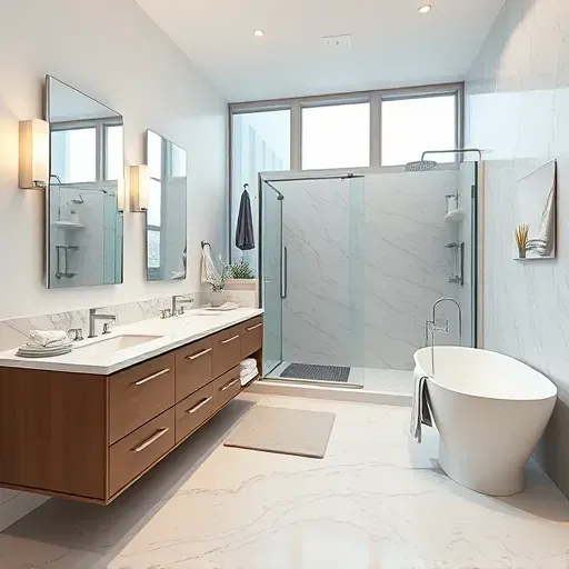 Remodeled Haslet Texas bathroom with walk-in glass shower, freestanding tub, marble flooring, and modern fixtures