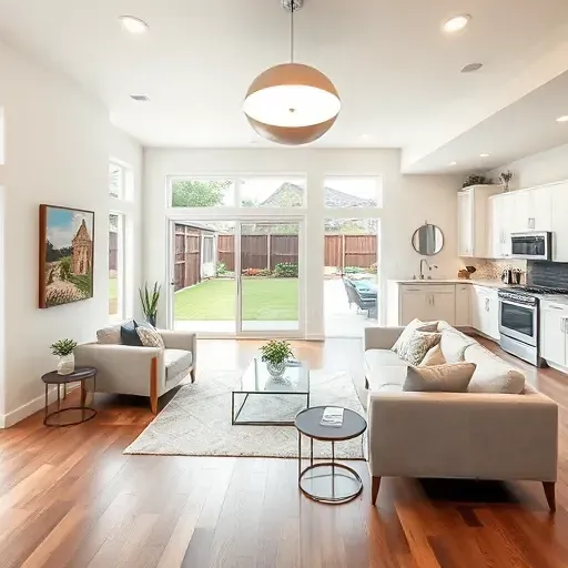 Modern North Richland Hills home with bright living room, hardwood floors, stylish decor, and a sleek kitchen view.