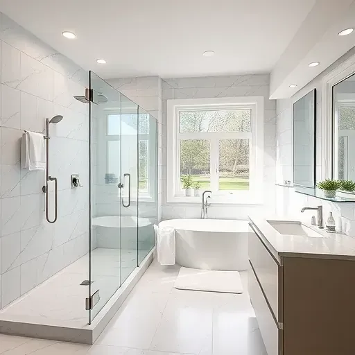 Renovated Westlake TX bathroom with walk-in shower, marble tiles, soaking tub, quartz vanity, natural light, and modern luxury