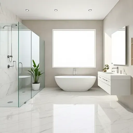 Renovated Little Elm TX bathroom with marble flooring walk-in shower freestanding tub modern vanity and soft natural light