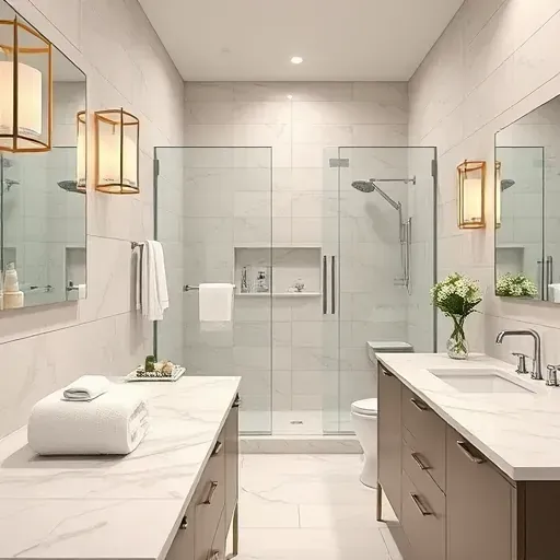 Modern remodeled bathroom in Trophy Club TX with walk-in shower, marble counters, sleek fixtures, and minimalist decor