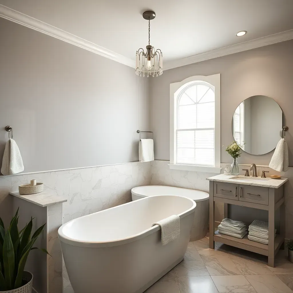 Modern Mansfield, TX bathroom with glass shower, soaking tub, quartz vanity, warm lighting, and subtle decor accents.