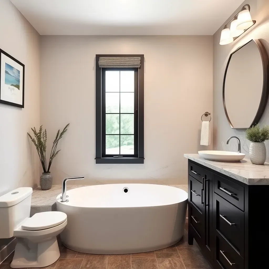 Modern Irving, TX bathroom featuring neutral tones, marble tiles, a floating quartz vanity, frameless glass shower, and freestanding tub.