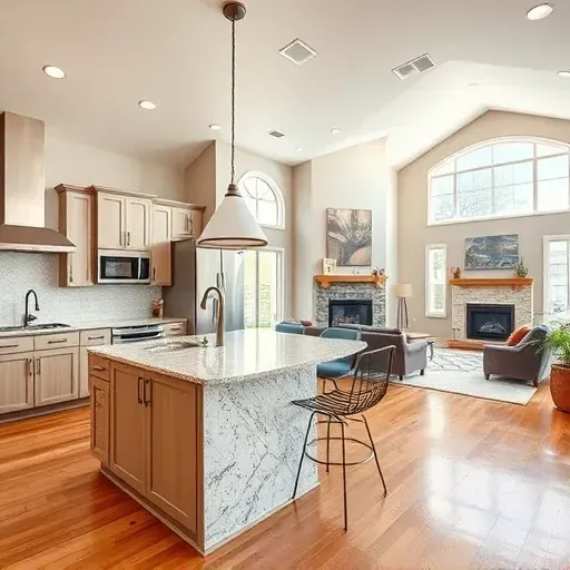Renovated kitchen in Coppell TX featuring granite countertops, hardwood floors, modern appliances, and spacious living area.