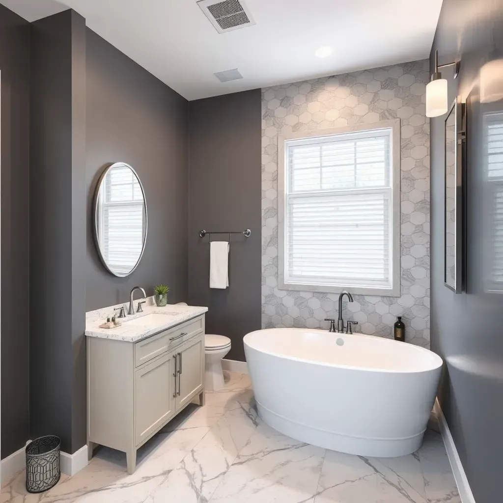 Bathroom remodel in Cedar Hill, TX: sleek floating vanity, frameless glass shower, soaking tub, natural light, and modern finishes.