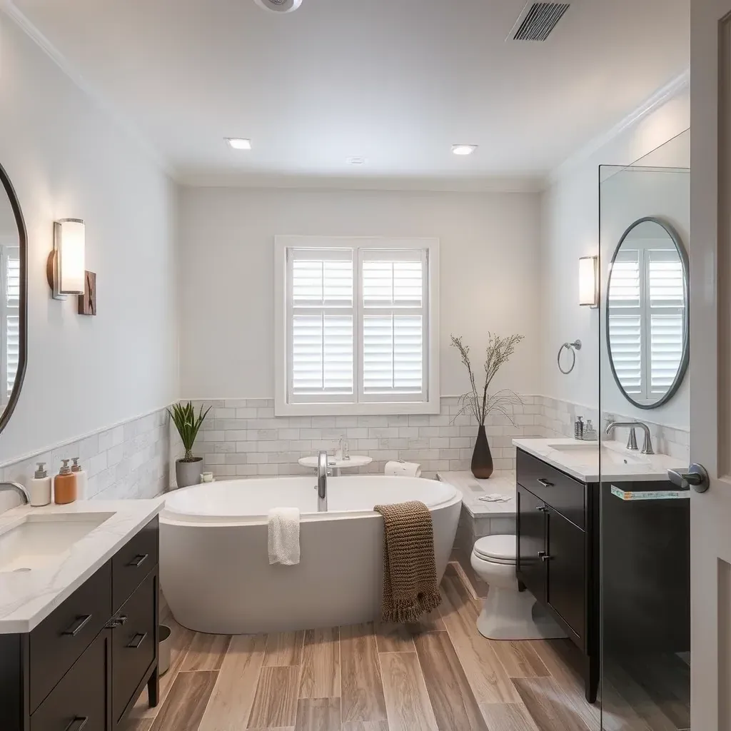 Modern bathroom in Grand Prairie, TX featuring marble-look tiles, glass shower, minimalist oak vanity, soaking tub, and sleek fixtures.