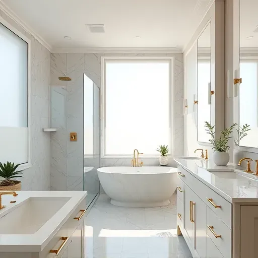 Luxurious Dallas bathroom with modern fixtures, walk-in shower, marble countertops, brass accents, and natural light.