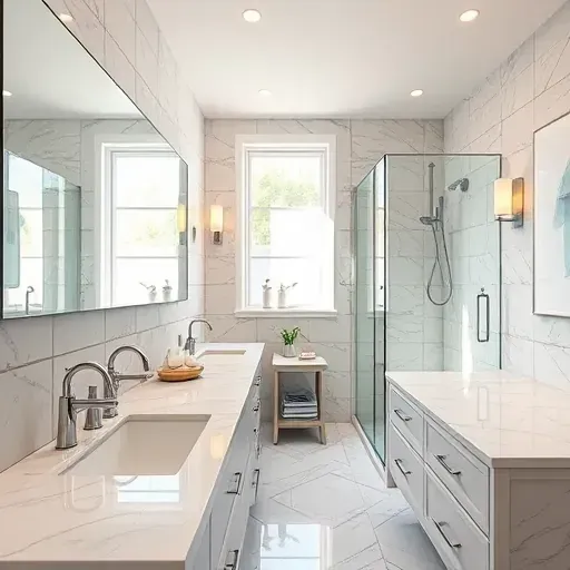 Remodeled Mansfield, TX bathroom with modern fixtures, walk-in shower, marble countertops, floating vanities, and natural light.