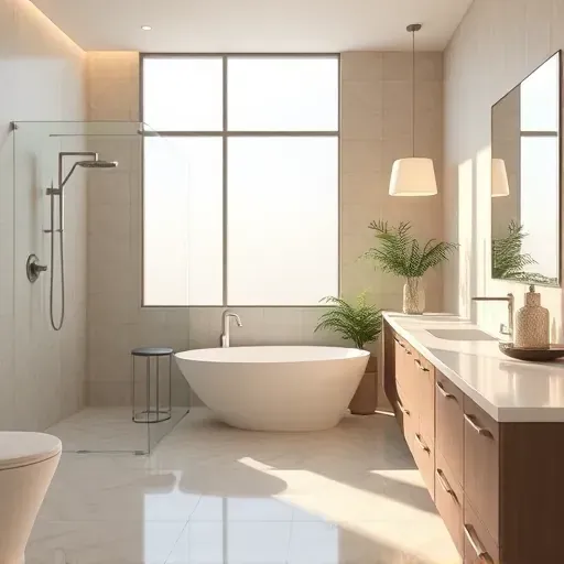 Renovated Bedford TX bathroom with modern fixtures, glass shower, freestanding tub, marble vanity, natural light, and greenery