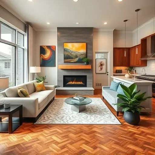 Modern living room in Allen TX featuring elegant design, fireplace, custom cabinetry, and open-concept kitchen.