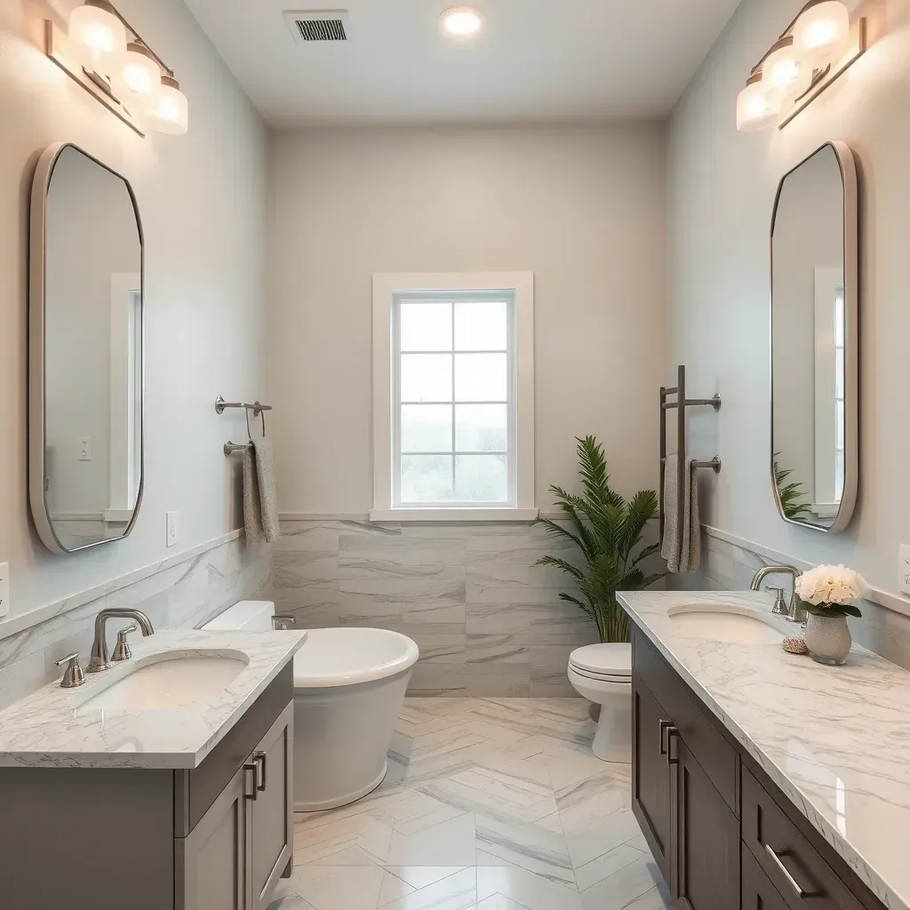 Spacious Argyle, TX bathroom with a soaking tub, glass shower, modern vanity, marble tiles, and warm neutral tones.