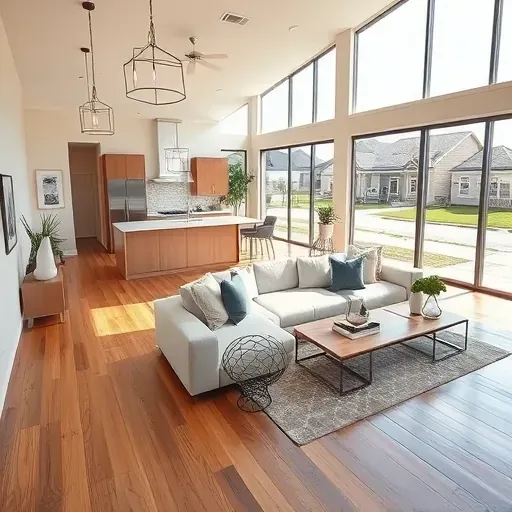 Modern Keller home remodel with spacious living room, sleek floors, large windows, open-concept kitchen, lush backyard.