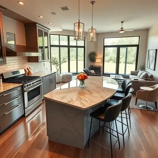 Modern open-concept kitchen in Bedford TX with sleek cabinetry, granite countertops, and stylish lighting.