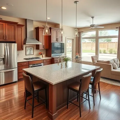 Completed home remodeling project in Grapevine TX featuring a modern kitchen with sleek cabinetry and polished granite countertops.