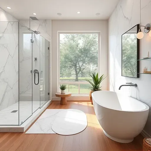 Remodeled Coppell bathroom with glass shower, marble tiles, freestanding tub, modern vanity, wooden floors, and natural light.