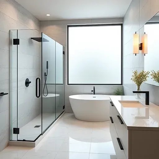 Renovated Addison, TX bathroom with walk-in shower, freestanding tub, sleek vanity, and modern design elements.