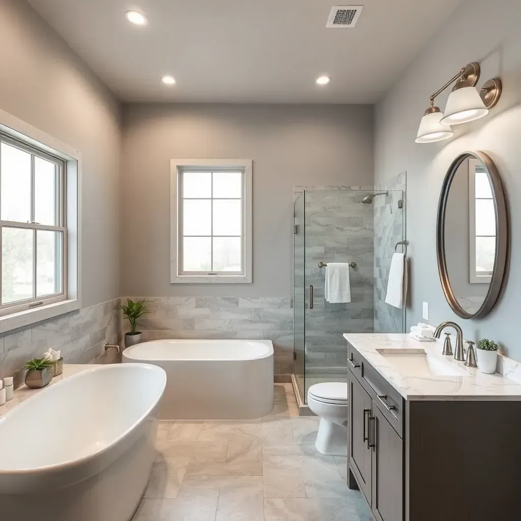 Modern Grapevine, TX bathroom with walk-in shower, marble vanity, neutral tones, sleek fixtures, and ambient lighting.