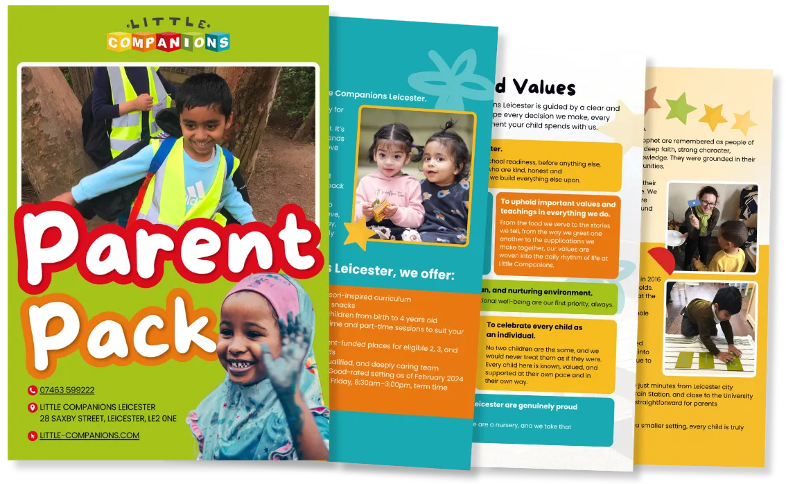 Parent reading pack explaining Montessori inspired at Little Companions Leicester