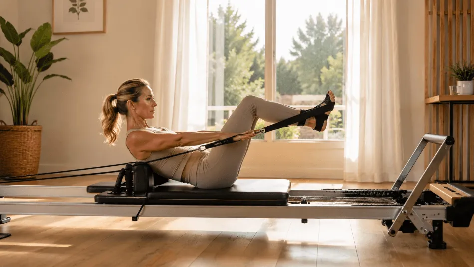 Full reformer extension during a private Pilates session at home in Perth