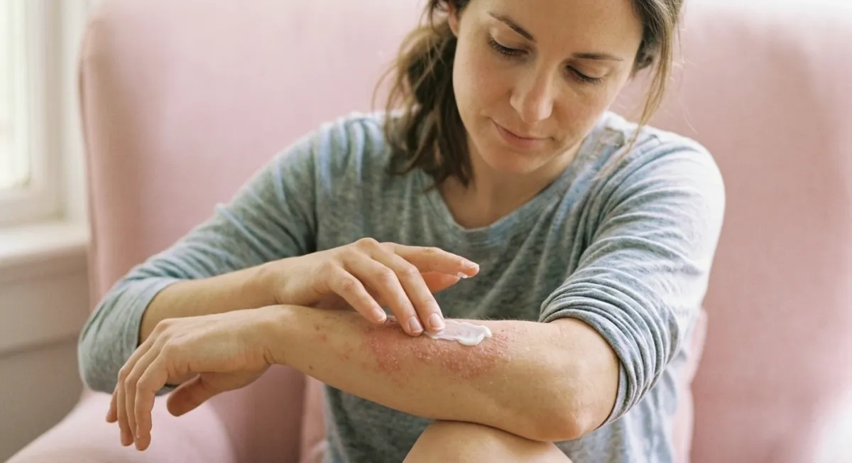 Donna applica una crema su una zona di pelle infiammata del braccio. L'immagine rappresenta la cura di una patologia dermatologica cronica, l'autocompassione e la costruzione di un rapporto più gentile e consapevole con il proprio corpo.