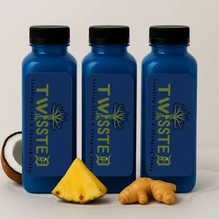 Three 12oz Dark Blue Colored Square Bottles with "Twissted" Logo Label surrounded by Pineapple, Ginger, and Coconut on a clean white background